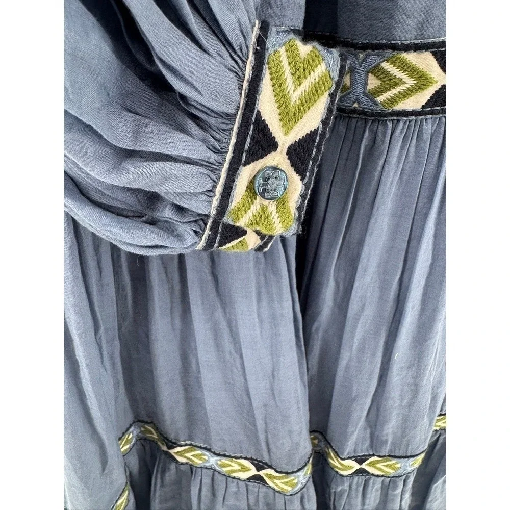 Tory Burch Blue Tiered Midi Dress Embroidered Long Sleeve Boho Peasant Women XS